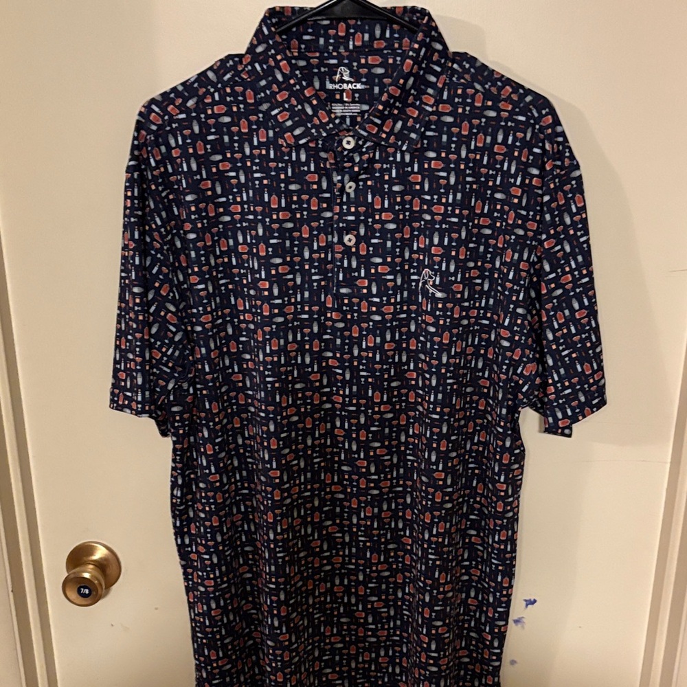 Rhoback Men's Navy and Red Patterned Polo Shirt